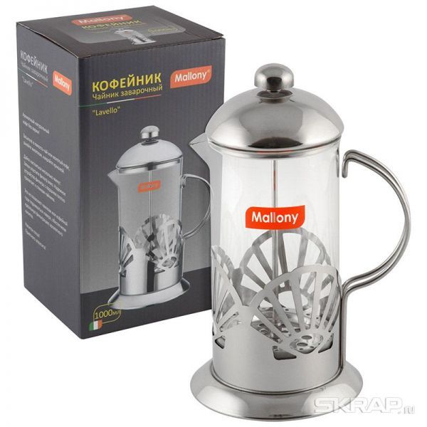 Чайник/кофейник (кофе-пресс), LAVELLO, из жаропрочного стекла, объем 1000 мл, в корп из нерж стали
