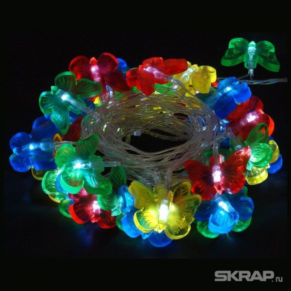 Электрогирлянда "Бабочки" LED-BT-36-3.6-MC (36 светодиодных ламп, длина 3,6м, 8режимов, многоцвет)
