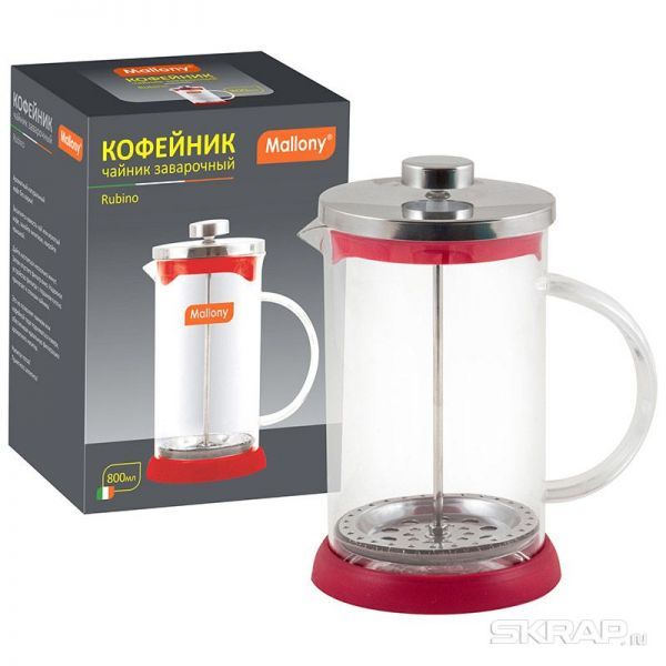 Чайник/кофейник (кофе-пресс) RUBINO 800 мл из боросиликатного стекла, цвет - красный