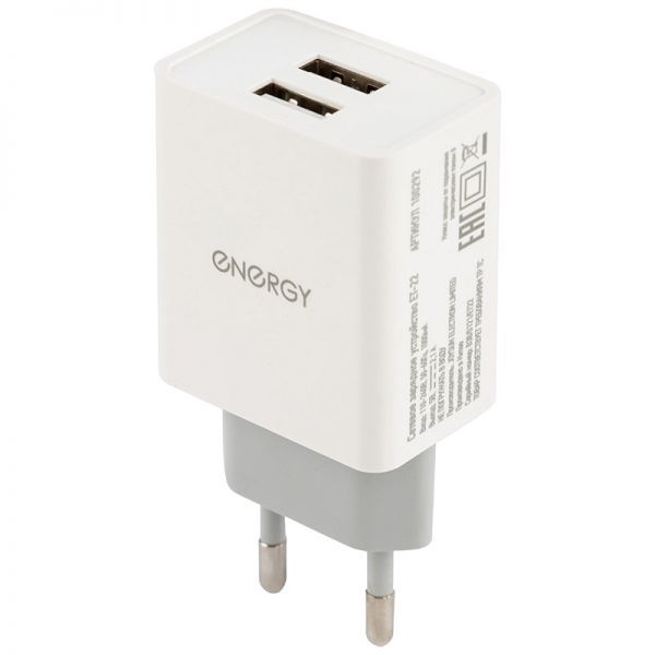 Сетевое зарядное устройство Energy ET-22, 2 USB разъёма, 2,1А, цвет - белый