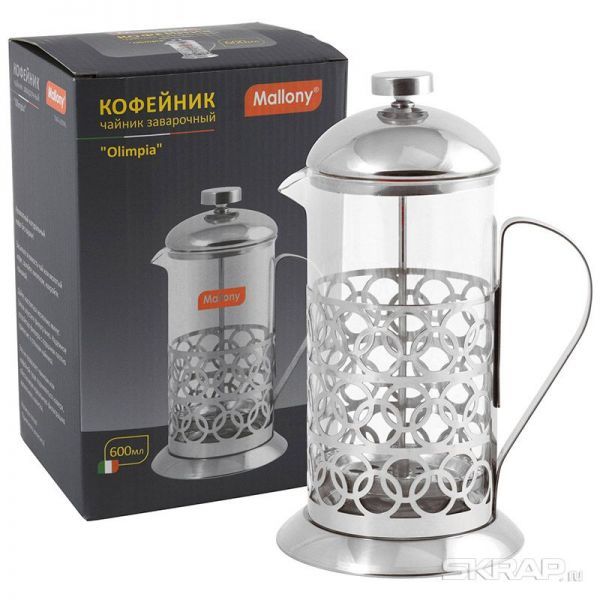 Чайник/кофейник (кофе-пресс), OLIMPIA, T046-600ML, из жаропрочного стекла, 600 мл, в корп из нерж ст