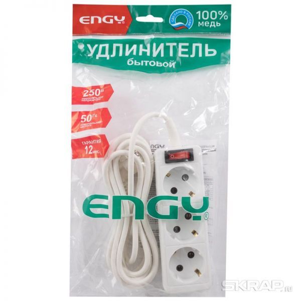 Удлинитель с выключателем ENGY "Гранд" 3м/3роз. с/з (ПВС 3х0,75)