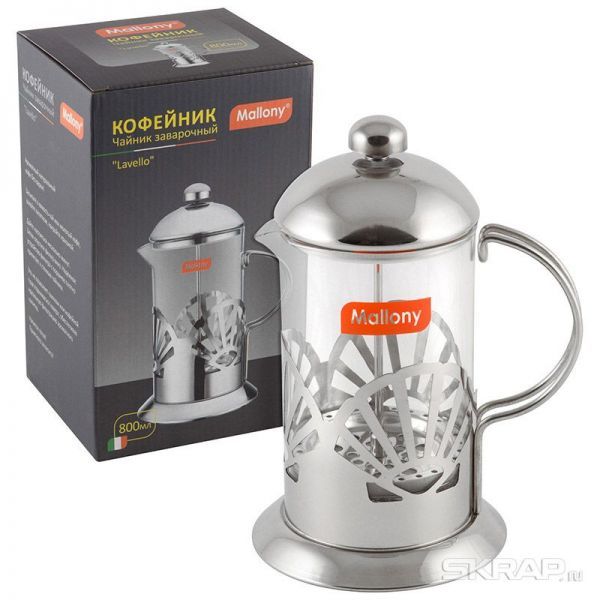 Чайник/кофейник (кофе-пресс), LAVELLO, из жаропрочного стекла, объем 800 мл, в корп из нерж стали