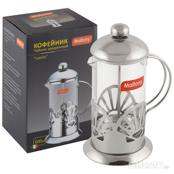 Чайник/кофейник (кофе-пресс), LAVELLO, из жаропрочного стекла, объем 600 мл, в корп из нерж стали